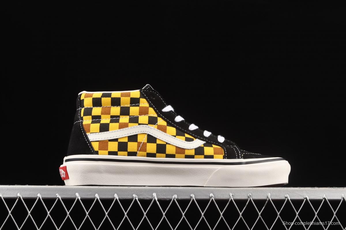 Vans Sk8-Mid Vance black, blue, orange and yellow plaid casual board shoes VN0A3WM3SW1