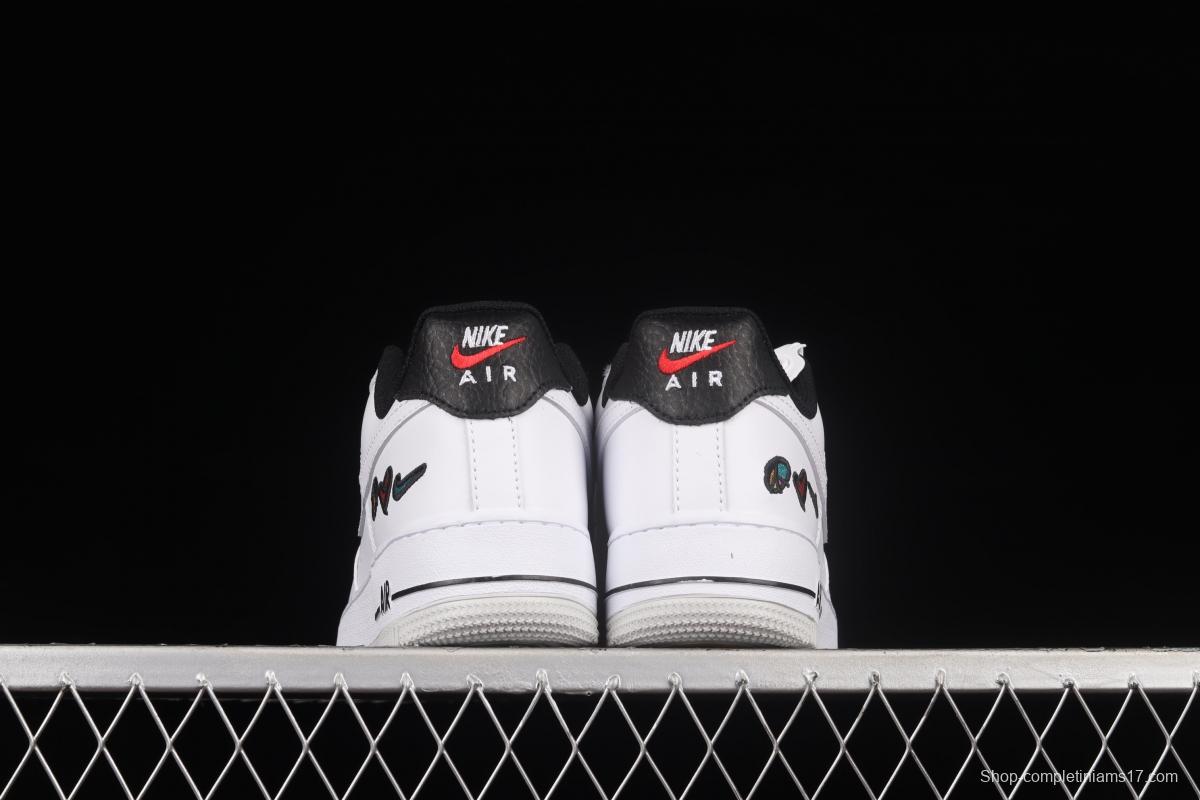 NIKE Air Force 11607 Low Peace Love Swoosh white and black graphic printed low-top casual board shoes DM8148-100