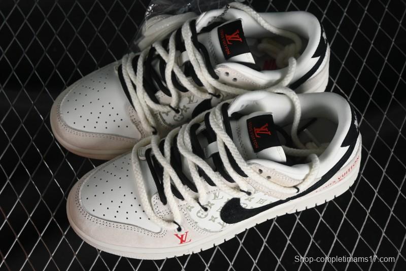 Nike SB Dunk Low LV Collaboration Anniversary Customized Sneakers in Off-White Black Swoosh Triple Floral - SJ2068-235
