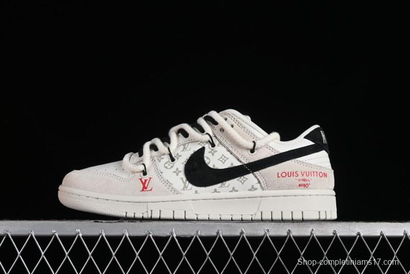 Nike SB Dunk Low LV Collaboration Anniversary Customized Sneakers in Off-White Black Swoosh Triple Floral - SJ2068-235