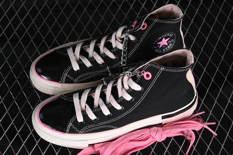 Converse Chuck 70s High Top Canvas Sneakers with Chain Accents in Black & Pink - A09539C