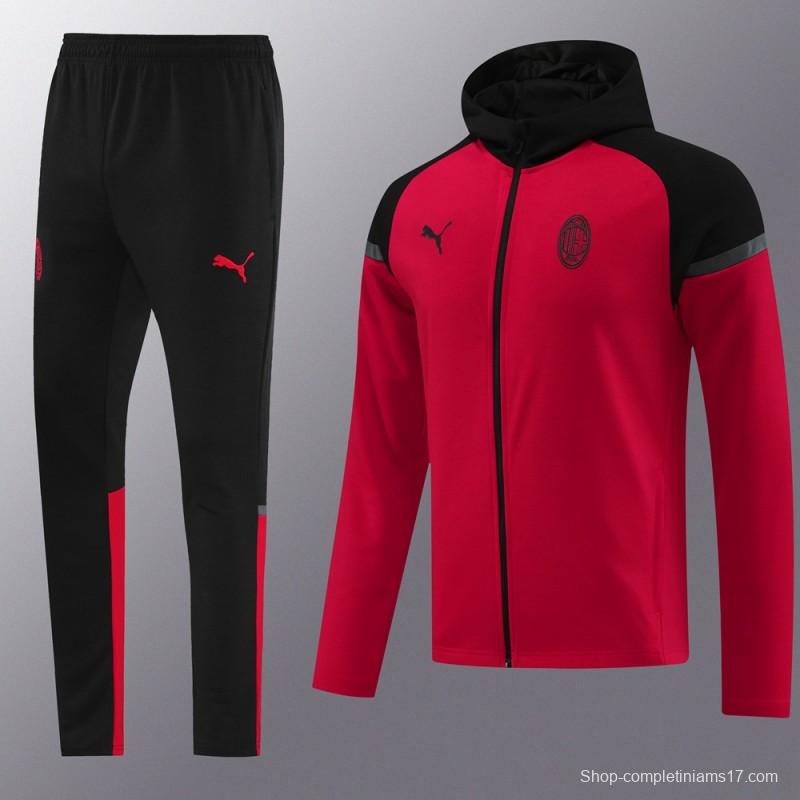 24/25 AC Milan Red/Black Hoodie Full Zipper Jacket +Long Pants