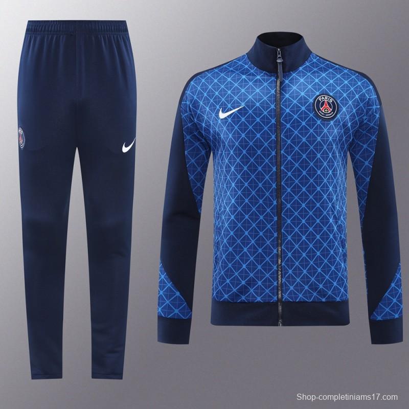 24/25 PSG Blue Grid Pattern Full Zipper Jacket +Long Pants