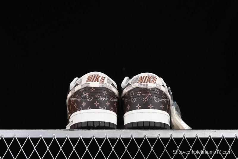 Nike SB Dunk Low LV Collaboration - Checkerboard Brown Monogram White Swoosh Anniversary High-End Custom Low-Top Casual Skate Shoes - SJ2068-255