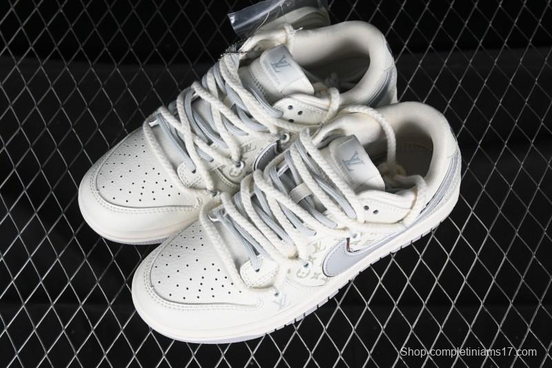 Nike SB Dunk Low LV Collaboration Strap White Grey Check Anniversary High-End Custom Low-Top Casual Skate Shoes - SJ2068-245
