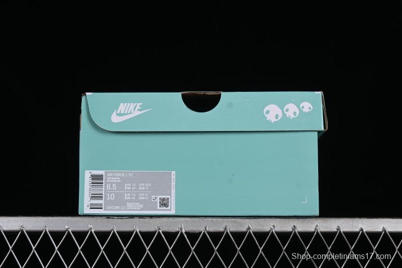 Nike Air Force 1 '07 Low Witch Collaboration Custom Leather Sneakers with Skull and Gradient White-Green Design - CW2288-111