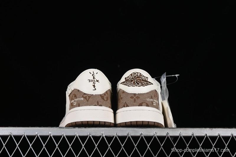 Nike Travis Scott x Fragment Design x Jordan Air Jordan 1 Low OG SP AJ1 LV Light Brown Print Casual Sneakers - SJ2068-102