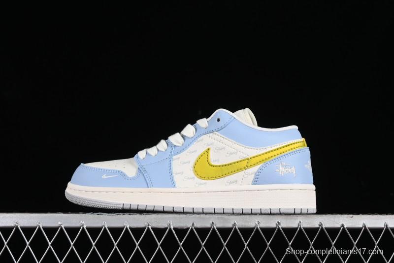 Nike Air Jordan 1 Low Stussy Collaboration - Blue Gold Custom High-End Basketball Shoes - WG8850-007