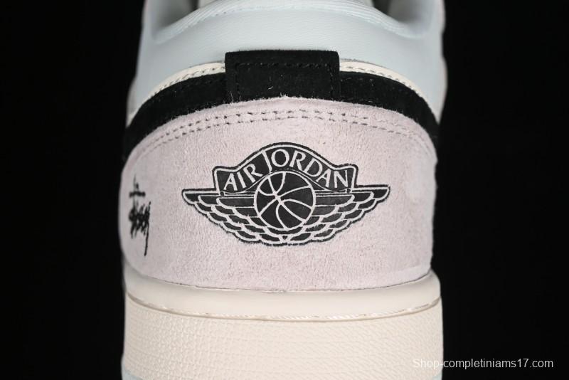 Nike Air Jordan 1 Low Stussy Collaboration - Black Blue Pigment Patchwork Retro Basketball Shoes - LJ6688-008