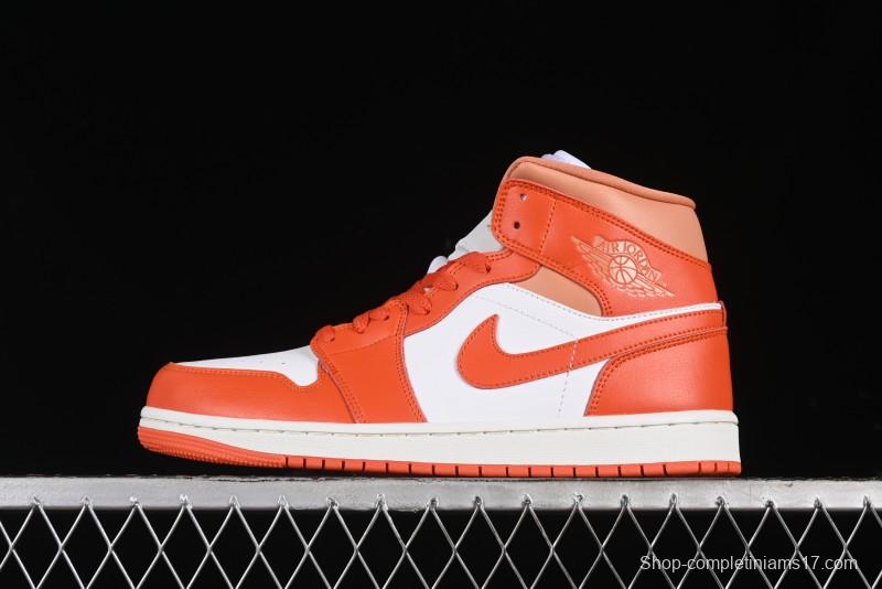 Nike Air Jordan 1 Mid Basketball Shoes in White and Orange Colorway - BQ6472-108