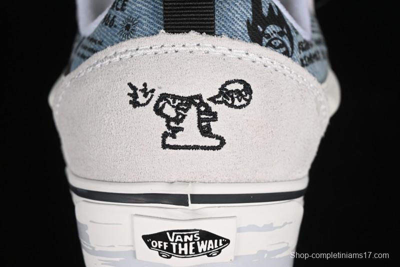 HIRONO Knu Skool Low-Top Casual Sneakers with Denim Graffiti Design - VN0009QCRBL