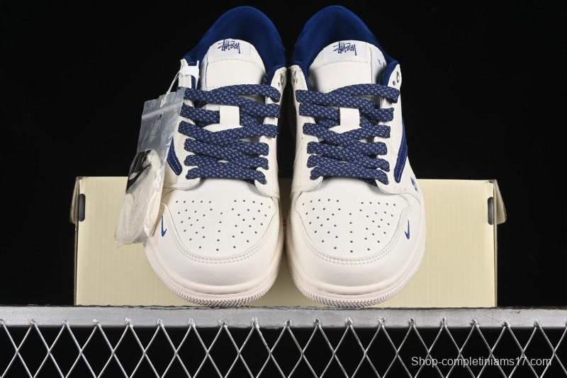 Nike Travis Scott x Fragment Design x Air Jordan 1 Low OG SP AJ1 Supreme Stussy Collaboration - Suede Blue Swoosh Low-Top Casual Sneakers - SJ2068-127