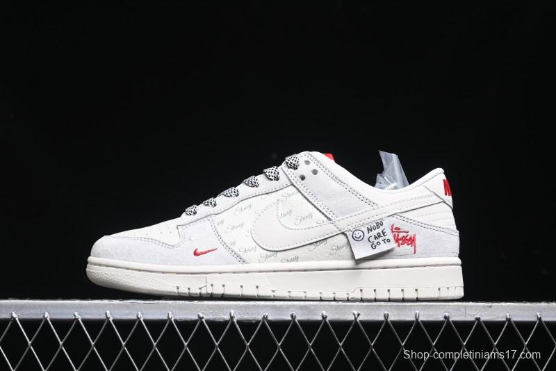 Nike SB Dunk Low Stussy Collaboration - Patchwork Grey White Swoosh Anniversary Custom Low-Top Casual Sneakers - YX5066-218