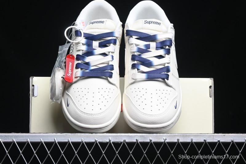 Nike SB Dunk Low Supreme Collaboration - White Blue Color Blocking with Mini Swoosh Anniversary Custom Edition Low-Top Casual Skate Shoes - BB8675-110