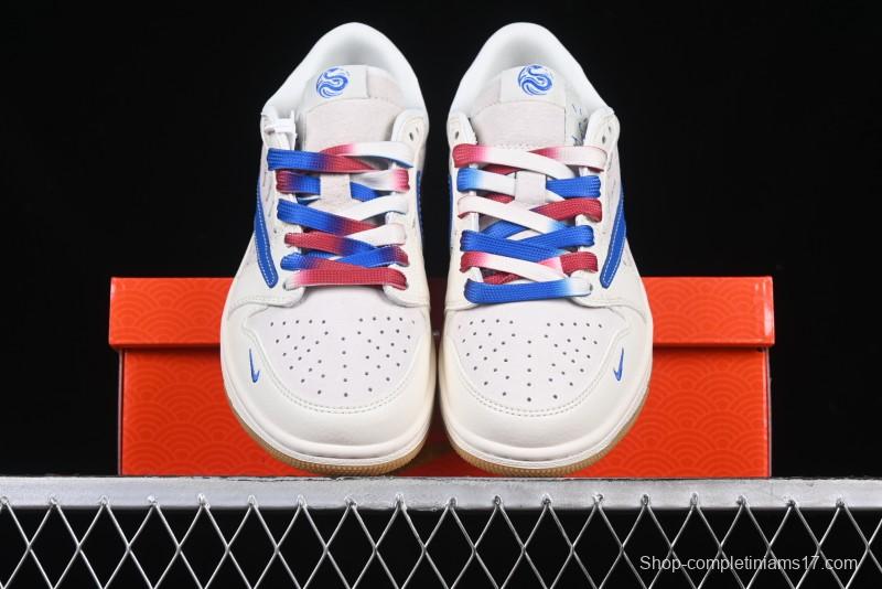 Nike Travis Scott x Fragment Design x Air Jordan 1 Low OG SP AJ1 Snake Year Limited Blue Swoosh Gum Sole Low-top Casual Sneakers - XS3086-011