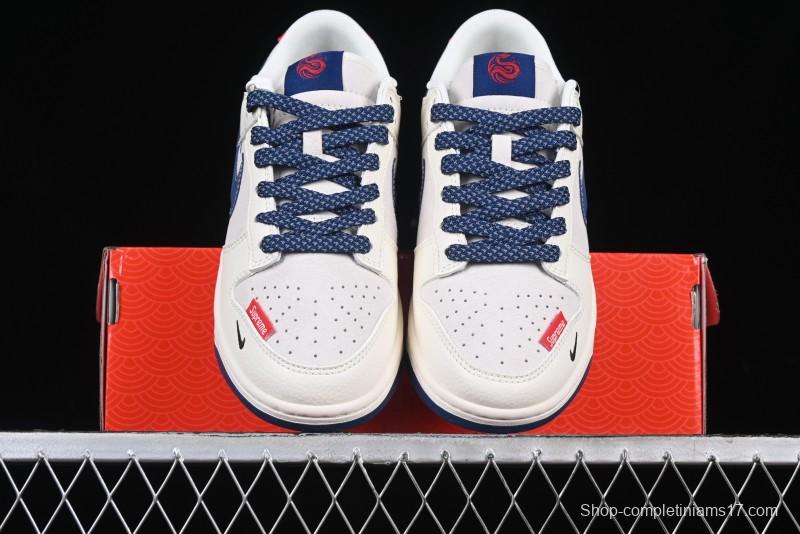 Nike SB Dunk Low Supreme Collaboration - Off-White 3D Navy Swoosh Anniversary Custom Low-Top Casual Sneakers - FC1688-204