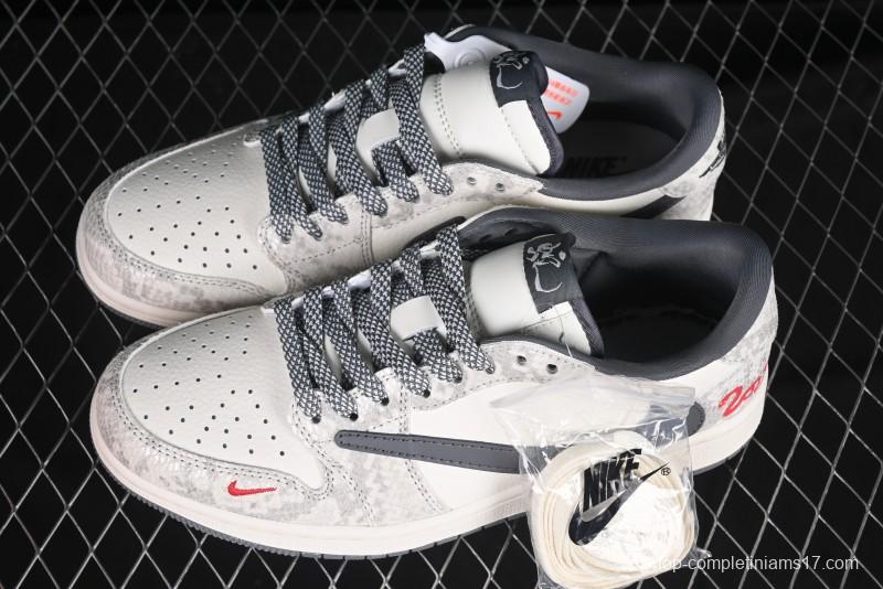 Nike Travis Scott x Fragment Design x Air Jordan 1 Low OG SP AJ1 Snake Year Limited Grey Snake Scale with Grey Swoosh Low-top Casual Sneakers - XS3086-009