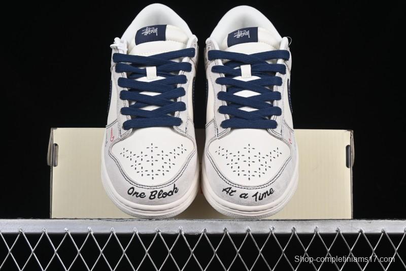 Nike SB Dunk Low Stussy Collaboration Embroidered Navy Swoosh Anniversary Custom Low-Top Casual Sneakers - MM1089-032