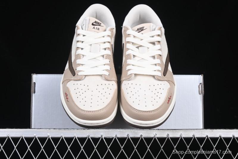 Nike Travis Scott x Fragment Design x Air Jordan 1 Low OG SP AJ1 Snake Year Limited Brown Snake Print Low Top Casual Sneakers - DM7866-074
