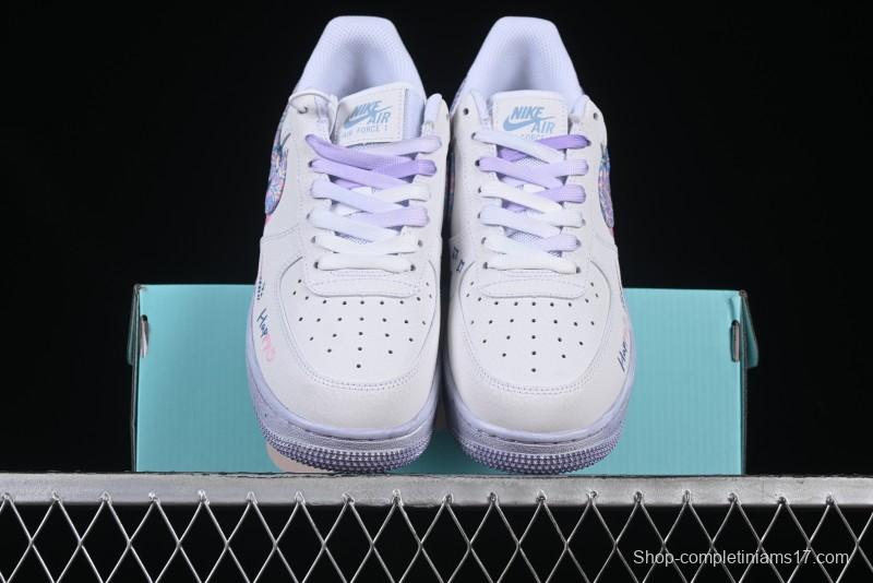 Nike Air Force 1 '07 Low Double Hearts Casual Sneakers with Hand-Drawn Anime Doodle and Pink Blue Hearts - CZ0377-002