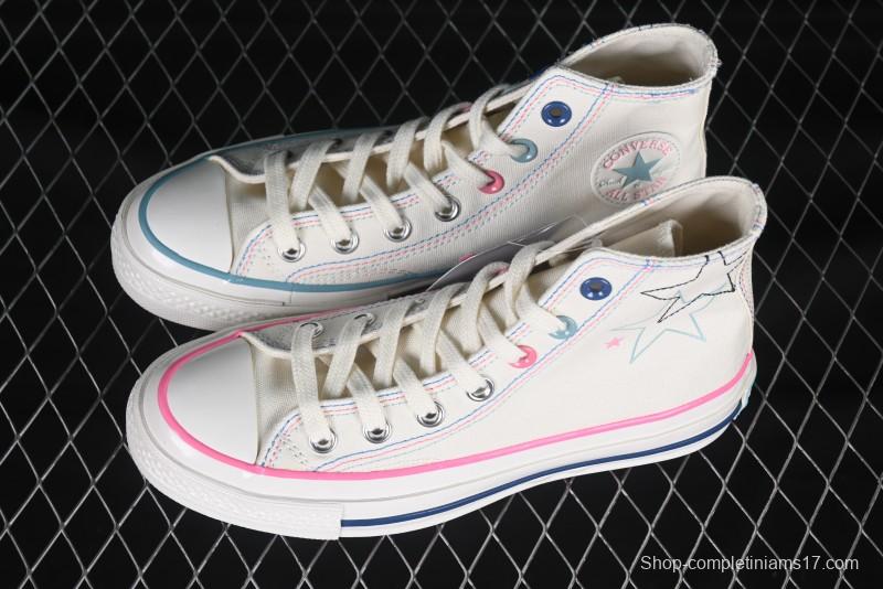 Converse Chuck 1970s High Top Casual Sneakers with Star Stitching and White-Pink-Blue Mismatched Design - A15744C