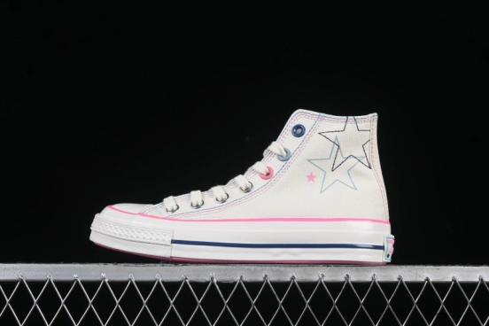 Converse Chuck 1970s High Top Casual Sneakers with Star Stitching and White-Pink-Blue Mismatched Design - A15744C