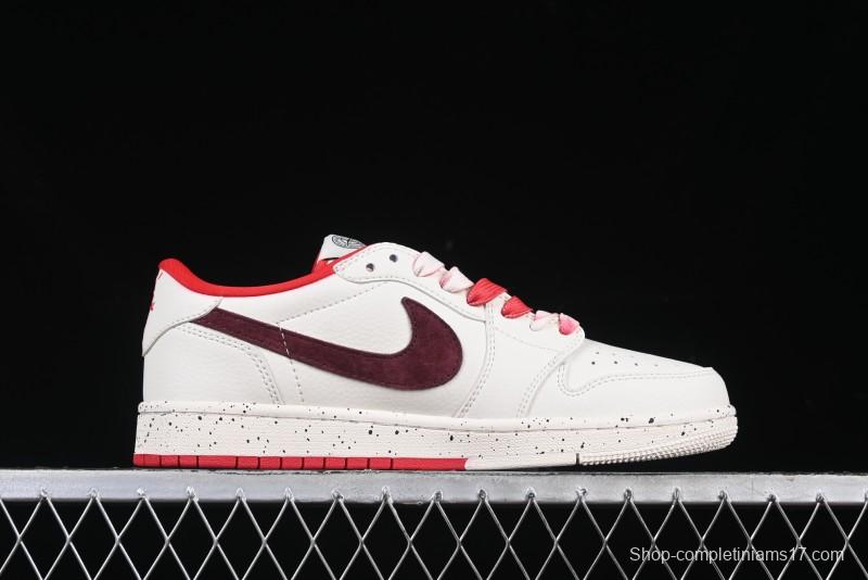 Nike Travis Scott x Fragment Design x Air Jordan 1 Low OG SP AJ1 Stone Island Collaboration Pomegranate Red Low-Top Casual Sneakers - CF3688-077