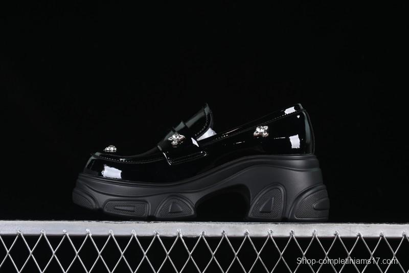 Black Patent Chunky Platform Loafers with Metal Embellishments