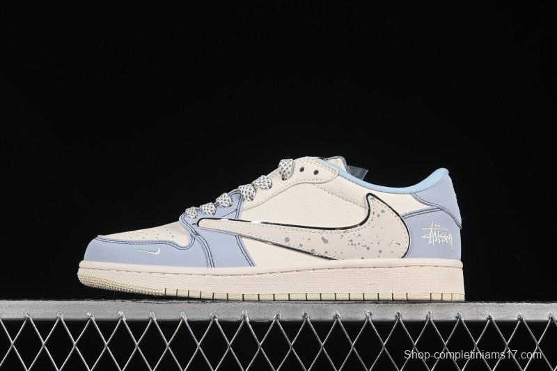 Nike Travis Scott x Fragment Design x Air Jordan 1 Low OG SP AJ1 Retro Sneakers with Blue Splatter Design - ZH2598-249