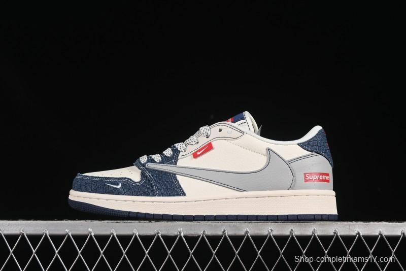 Nike Travis Scott x Fragment Design x Air Jordan 1 Low OG SP AJ1 Supreme Collaboration Grey Blue Denim Low-Top Casual Sneakers - JJ2508-565