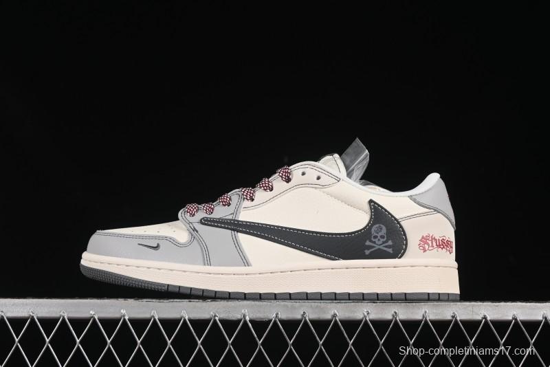 Nike Travis Scott x Fragment Design x Air Jordan 1 Low OG SP AJ1 Stussy Collaboration Black Hook Skull Low Top Casual Sneakers - JJ2508-553