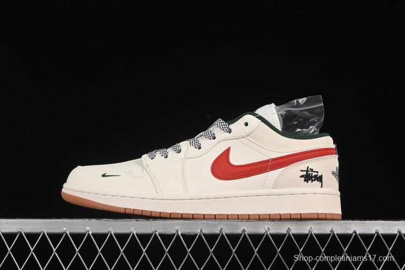 Nike Air Jordan 1 Low Stussy Collaboration Retro Basketball Shoes with 3D Swoosh - XS6086-560