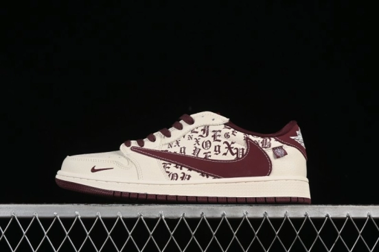 Nike Travis Scott x Fragment Design x Air Jordan 1 Low OG SP AJ1 Cross Hoodie Collaboration Brown Print Low-top Casual Sneakers - LD2025-016