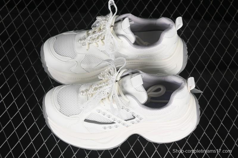 GG-CC Lace Pearl Chain Casual Platform Dad Shoes - 250310 White