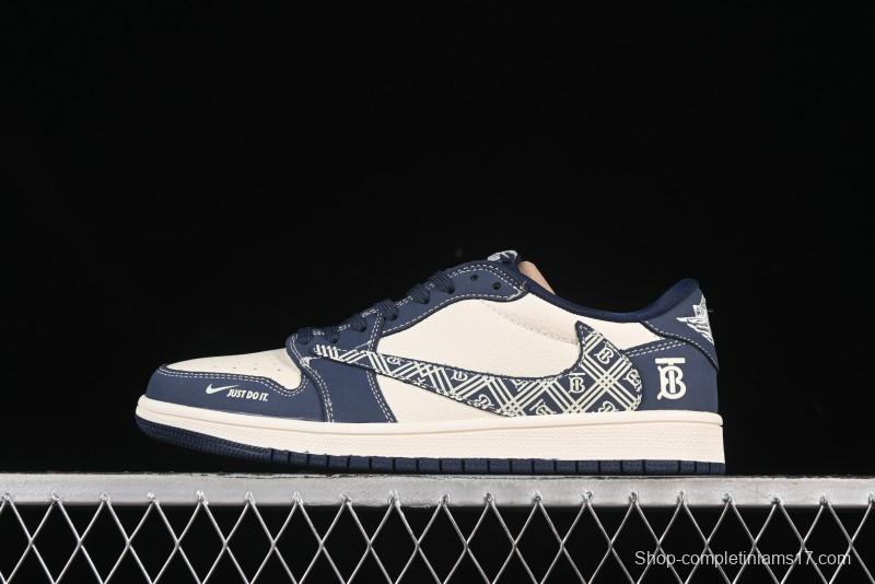 Nike Travis Scott x Fragment Design x Air Jordan 1 Low OG SP AJ1 Burberry Collaboration Dark Blue Swoosh Low-Top Casual Sneakers - LD2025-014