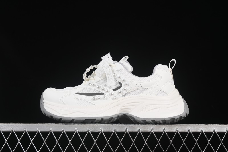 GG-CC Lace Pearl Chain Casual Platform Dad Shoes - 250310 White