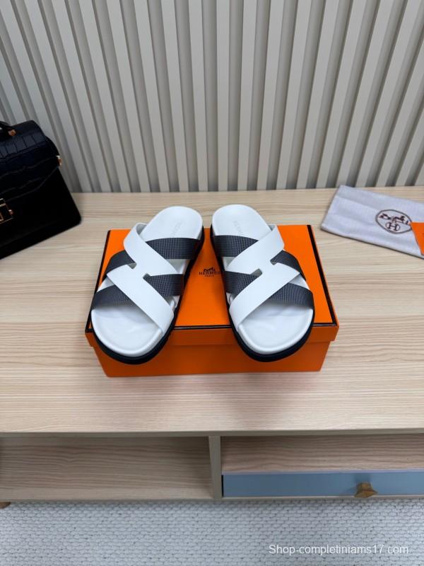 2025 Men Hermès White Black Leather Slippers