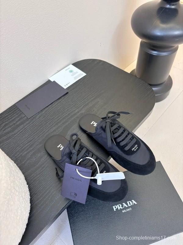 2025 Women Prada Black Suede Nylon Casual Lace-up Shoes