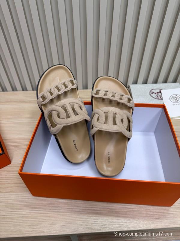 2025 Women Hermès Beige Suede Slippers