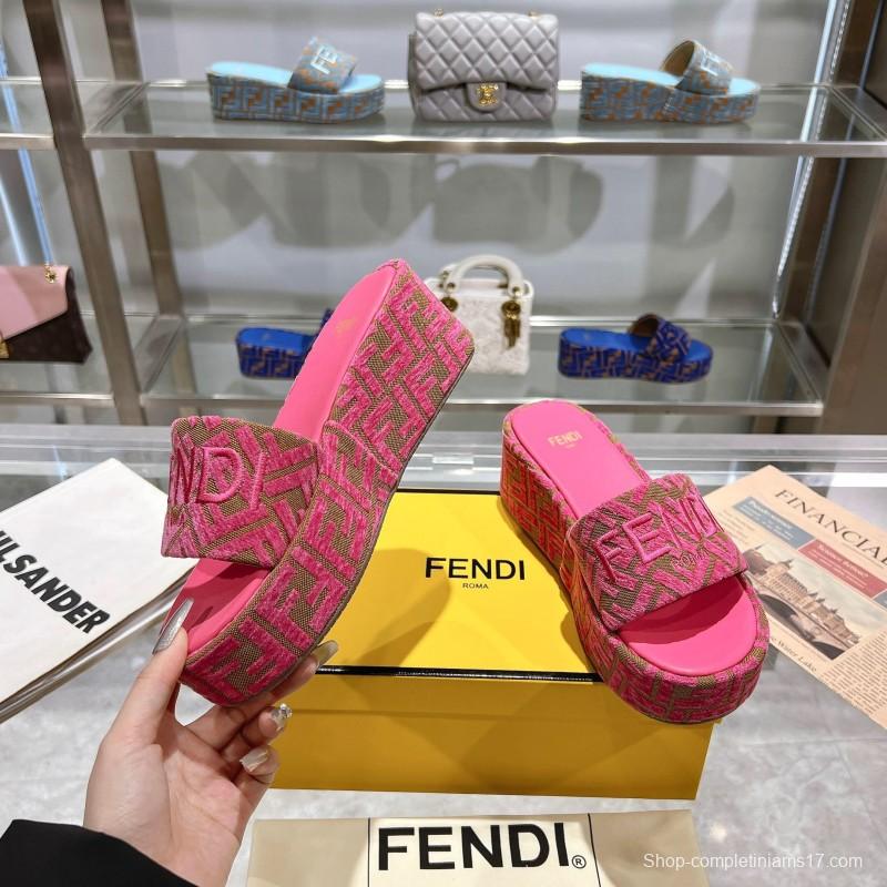2025 Women Fendi Pink Canvas Slippers FF Jacquard KFY00240