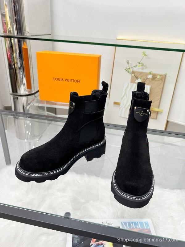 2024 Women Louis Vuitton Black Suede Leather Ankle Boots MJ00310