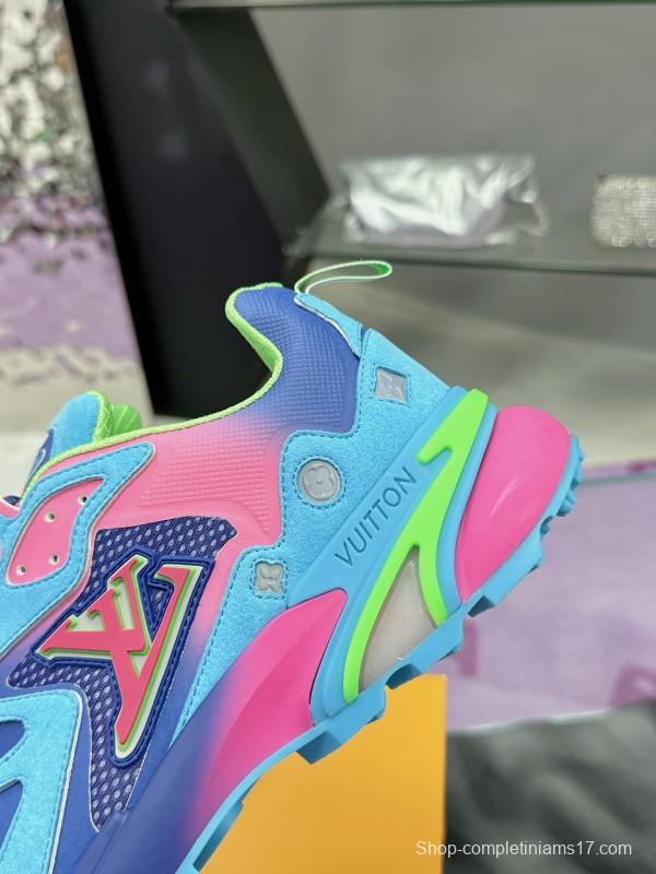 2025 Men Louis Vuitton Blue Pink Green Mesh Leather Sneakers MJ00420