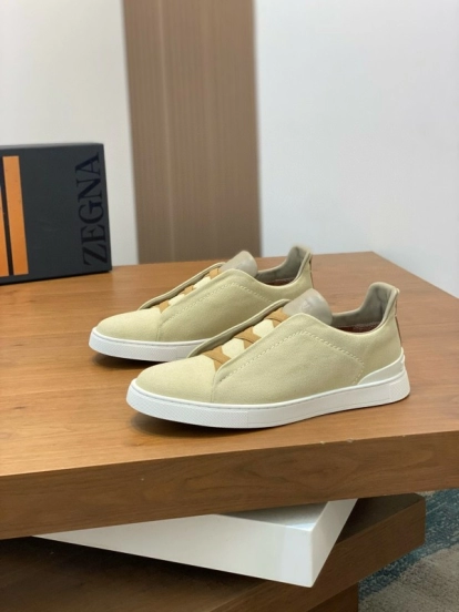 2024 Men Ermenegildo Zegna Beige PELLETESSUTA Calfskin Sneakers Elastic Detail MJ00280