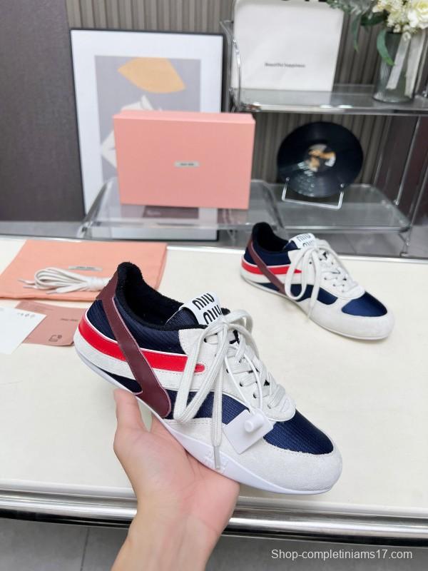 2025 Women Miu Miu Navy White Red Suede Fabric Sneakers LY00