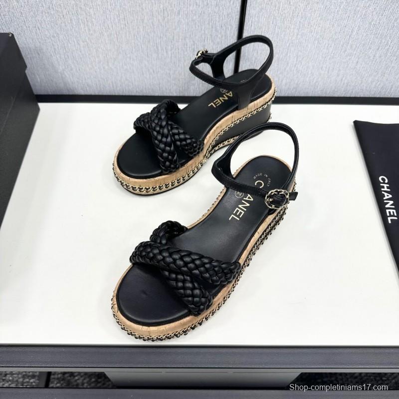 2025 Women Chanel Black Leather Braided Wedge Sandals