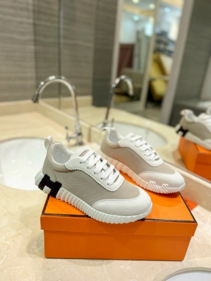 2024 Women Hermès White Beige Mesh Leather Sneakers MJ00320