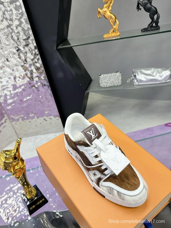 2024 Unisex Louis Vuitton Brown White Leather Calf Hair Plimsolls LV Trainer Maxi MJ00400