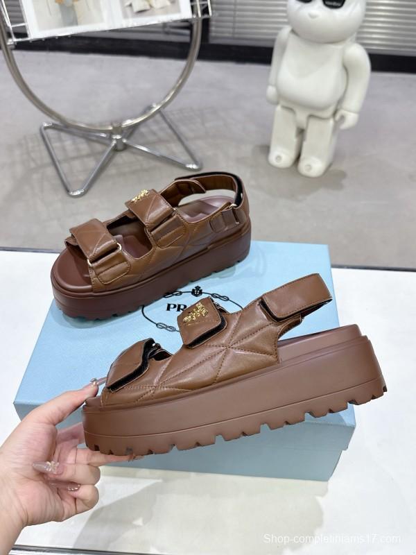2025 Women Prada Brown Leather Sandals