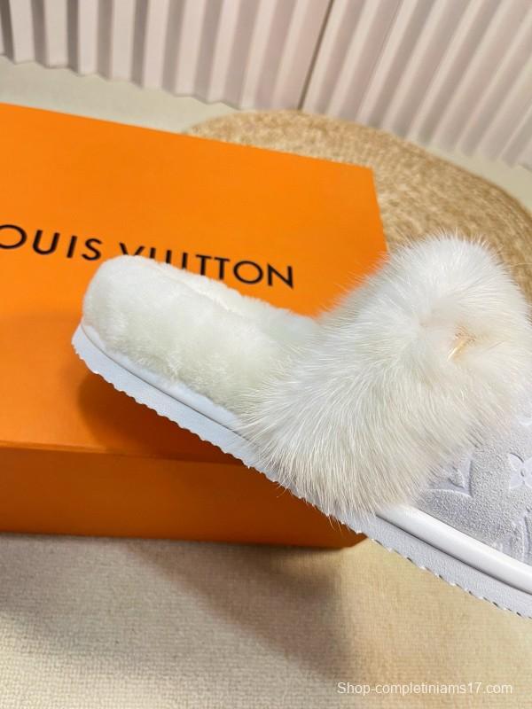 2024 Slippers Louis Vuitton White Fur Slippers MJ00340
