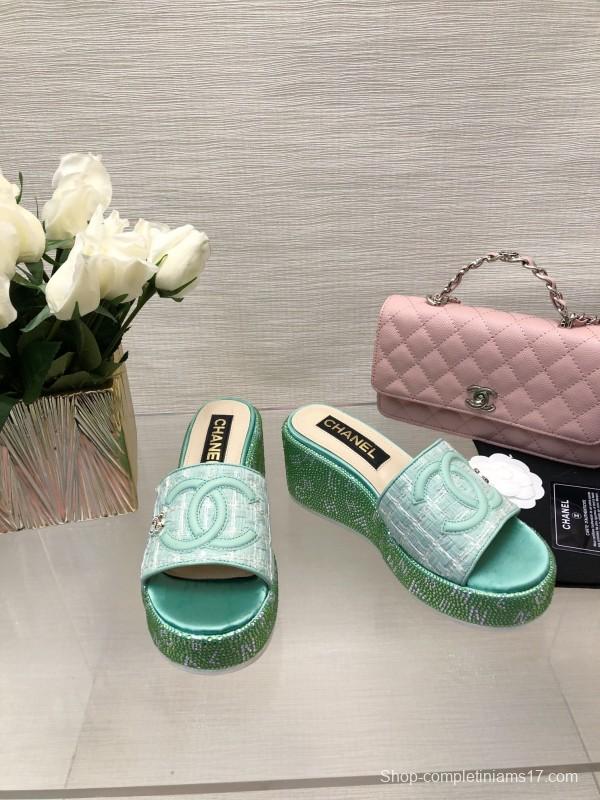 2025 Women Chanel Green Turquoise Tweed Platform Slippers LY00320